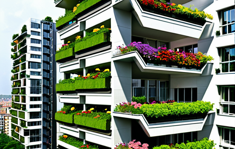 **Image Prompt 1: Vertical Forests in Urban Settings**
- Create an image of a futuristic cityscape featuring vertical forests on high-rise buildings. Each balcony should be filled with lush greenery, colorful flowers, and small trees, showcasing a harmonious blend of nature and urban living. The scene should capture the essence of a vibrant and sustainable environment.