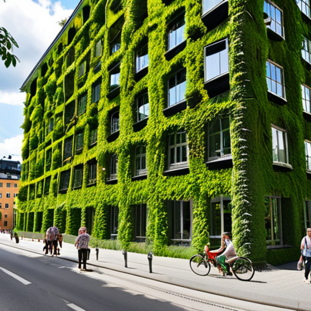 **A vibrant, green vertical forest building in central Stockholm on a sunny summer day. The building is covered in lush vegetation, with trees and plants of various sizes. People are strolling along the sidewalk, enjoying the fresh air and the beauty of the building. Capture the contrast between the natural greenery and the surrounding urban landscape.**