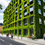 **A vibrant, green vertical forest building in central Stockholm on a sunny summer day. The building is covered in lush vegetation, with trees and plants of various sizes. People are strolling along the sidewalk, enjoying the fresh air and the beauty of the building. Capture the contrast between the natural greenery and the surrounding urban landscape.**