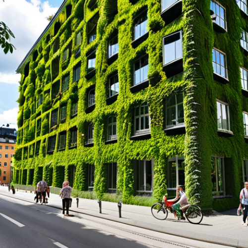 **A vibrant, green vertical forest building in central Stockholm on a sunny summer day. The building is covered in lush vegetation, with trees and plants of various sizes. People are strolling along the sidewalk, enjoying the fresh air and the beauty of the building. Capture the contrast between the natural greenery and the surrounding urban landscape.**