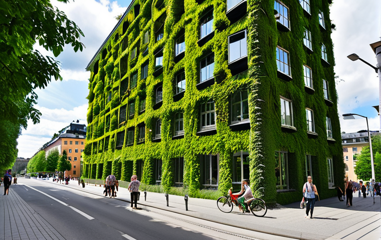 **A vibrant, green vertical forest building in central Stockholm on a sunny summer day. The building is covered in lush vegetation, with trees and plants of various sizes. People are strolling along the sidewalk, enjoying the fresh air and the beauty of the building. Capture the contrast between the natural greenery and the surrounding urban landscape.**