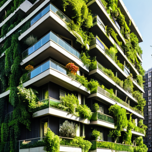 **Image Prompt:** A vibrant, multi-story residential building completely covered in lush greenery, trees, and flowering plants. The building is located in a modern urban setting with other buildings visible in the background. Sunlight streams through the leaves, creating dappled shadows on the facade. Birds are flying around the structure, suggesting a thriving ecosystem. This depicts the Bosco Verticale in Milan.