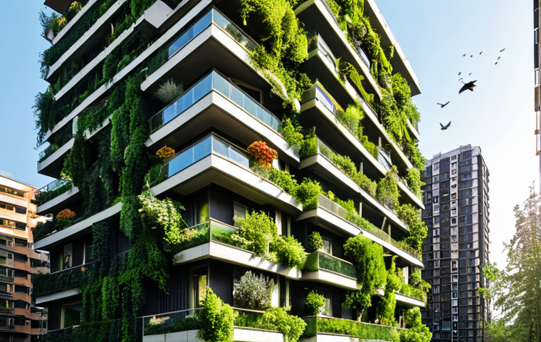 **Image Prompt:** A vibrant, multi-story residential building completely covered in lush greenery, trees, and flowering plants. The building is located in a modern urban setting with other buildings visible in the background. Sunlight streams through the leaves, creating dappled shadows on the facade. Birds are flying around the structure, suggesting a thriving ecosystem. This depicts the Bosco Verticale in Milan.