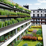 **

A modern apartment building in Stockholm covered in lush greenery, with visible drip irrigation systems. Solar panels are subtly integrated on the roof. In the foreground, a small group of people are enjoying a rooftop garden with a diverse mix of plants, including some native Swedish wildflowers. Overlaid on the image are translucent data visualizations showing CO2 absorption levels and energy savings, hinting at the positive environmental impact. But, also a faint graphic suggesting the energy consumption and resources needed to maintain the building.

**