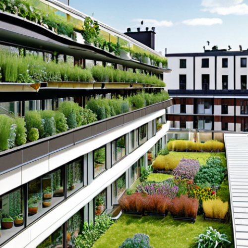 **

A modern apartment building in Stockholm covered in lush greenery, with visible drip irrigation systems. Solar panels are subtly integrated on the roof. In the foreground, a small group of people are enjoying a rooftop garden with a diverse mix of plants, including some native Swedish wildflowers. Overlaid on the image are translucent data visualizations showing CO2 absorption levels and energy savings, hinting at the positive environmental impact. But, also a faint graphic suggesting the energy consumption and resources needed to maintain the building.

**