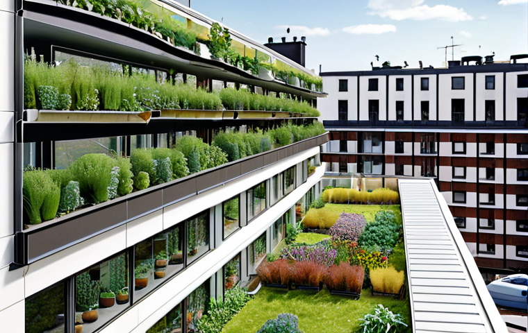 **

A modern apartment building in Stockholm covered in lush greenery, with visible drip irrigation systems. Solar panels are subtly integrated on the roof. In the foreground, a small group of people are enjoying a rooftop garden with a diverse mix of plants, including some native Swedish wildflowers. Overlaid on the image are translucent data visualizations showing CO2 absorption levels and energy savings, hinting at the positive environmental impact. But, also a faint graphic suggesting the energy consumption and resources needed to maintain the building.

**